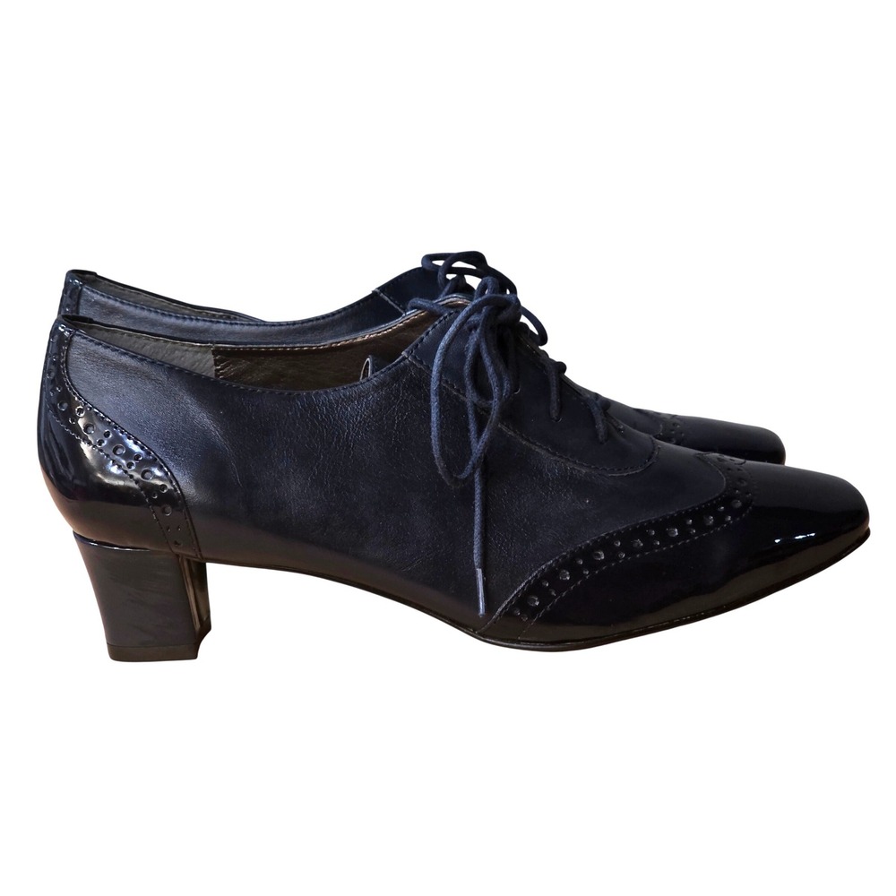 Auditions Navy Blue Leather Wingtip Oxford Pumps Square Toe Block Heel Women 9.5